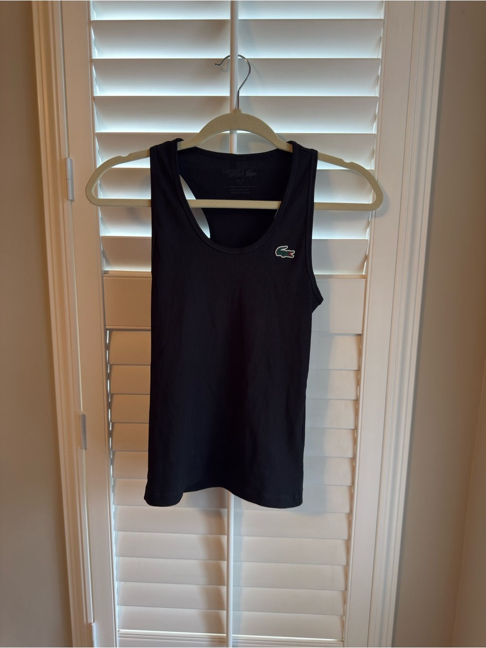 Lacoste Sport Black Ribbed Trizzino Tennis Tank w/ Iconic Green Crocodile Patch